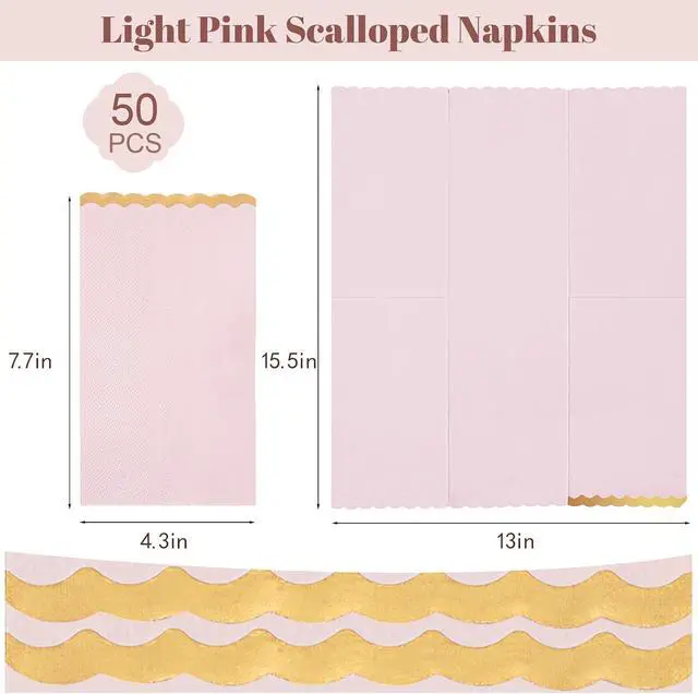 Alt view image 4 of 7 - Pink Gold Foil Scalloped Edge Dinner Napkins 50 Pack - Elegant Disposable Guest Napkins for Wedding, Bridal Shower, Baby Shower, Birthday & Valentine's Day (4 x 8 Inches)