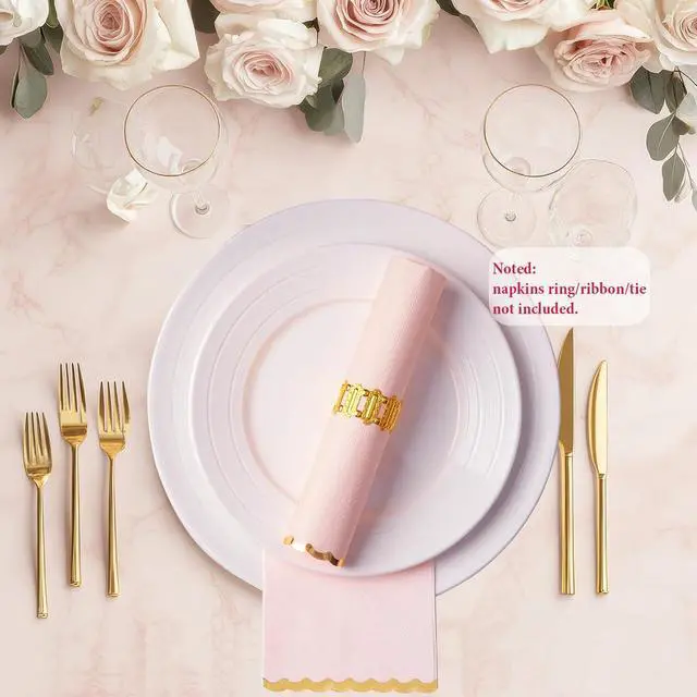 Alt view image 3 of 7 - Pink Gold Foil Scalloped Edge Dinner Napkins 50 Pack - Elegant Disposable Guest Napkins for Wedding, Bridal Shower, Baby Shower, Birthday & Valentine's Day (4 x 8 Inches)