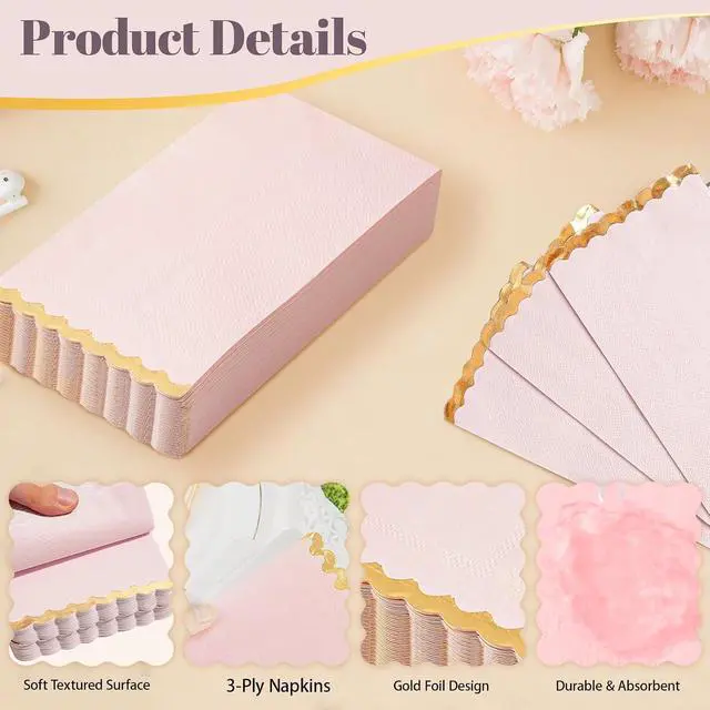Alt view image 5 of 7 - Pink Gold Foil Scalloped Edge Dinner Napkins 50 Pack - Elegant Disposable Guest Napkins for Wedding, Bridal Shower, Baby Shower, Birthday & Valentine's Day (4 x 8 Inches)
