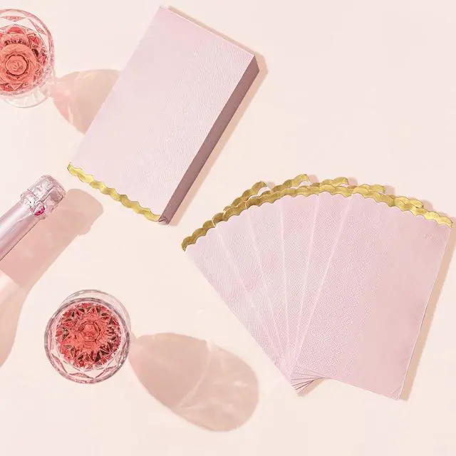 Alt view image 6 of 7 - Pink Gold Foil Scalloped Edge Dinner Napkins 50 Pack - Elegant Disposable Guest Napkins for Wedding, Bridal Shower, Baby Shower, Birthday & Valentine's Day (4 x 8 Inches)