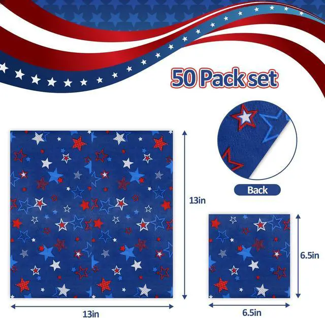 Alt view image 2 of 7 - Quera Patriotic Party Supplies 4th of JULY Paper Napkins 50Count 6.5 x 6.5 inch Americana Stars Cocktail Napkins for Parties, Red Blue and White American Stars Decorations