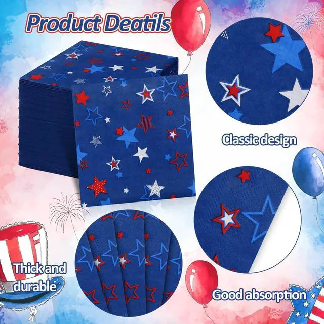 Alt view image 3 of 7 - Quera Patriotic Party Supplies 4th of JULY Paper Napkins 50Count 6.5 x 6.5 inch Americana Stars Cocktail Napkins for Parties, Red Blue and White American Stars Decorations