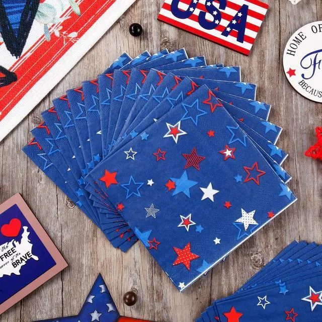 Alt view image 4 of 7 - Quera Patriotic Party Supplies 4th of JULY Paper Napkins 50Count 6.5 x 6.5 inch Americana Stars Cocktail Napkins for Parties, Red Blue and White American Stars Decorations
