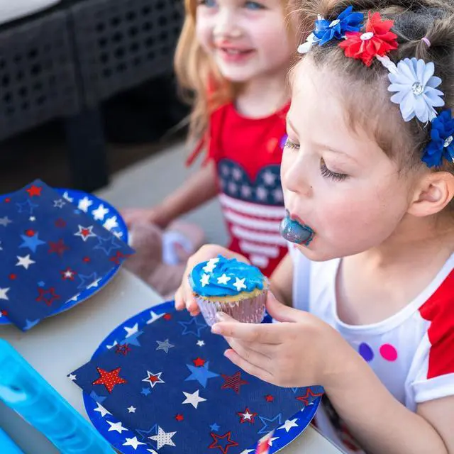 Alt view image 6 of 7 - Quera Patriotic Party Supplies 4th of JULY Paper Napkins 50Count 6.5 x 6.5 inch Americana Stars Cocktail Napkins for Parties, Red Blue and White American Stars Decorations