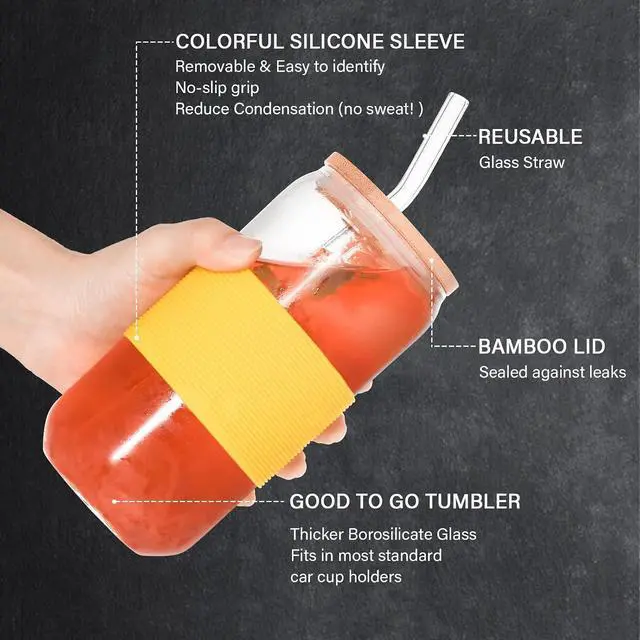 Alt view image 7 of 7 - Drinking Glasses with Lid, Straw, 16oz Glass Cup Iced Coffee Tumblers, 1 Pc