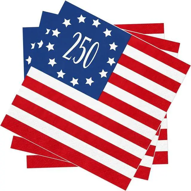 Main image of 48 PCS 250th Anniversary Napkins 6.5x 6.5 Inches American Flag 2-Ply Disposable Paper Napkins for Patriotic Party Supplies 4th of July Decorations