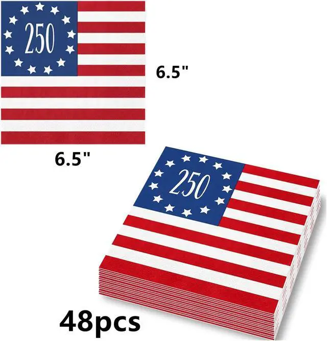 Alt view image 2 of 5 - 48 PCS 250th Anniversary Napkins 6.5x 6.5 Inches American Flag 2-Ply Disposable Paper Napkins for Patriotic Party Supplies 4th of July Decorations