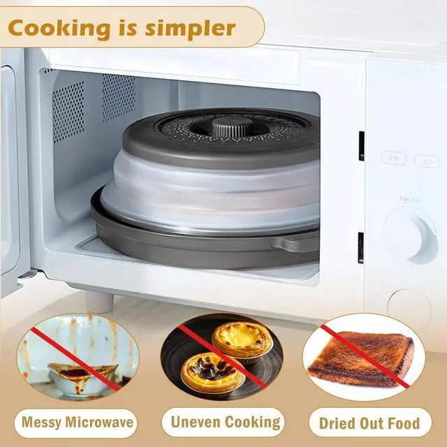 Alt view image 2 of 7 - Microwave Splatter Cover with Anti-Scald Tray, 10.7" Collapsible - Black