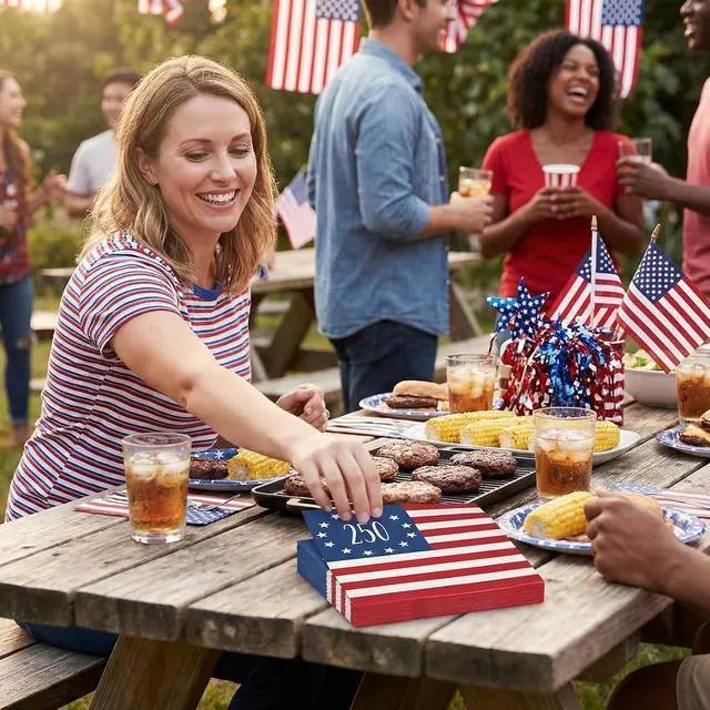 Alt view image 5 of 5 - 48 PCS 250th Anniversary Napkins 6.5x 6.5 Inches American Flag 2-Ply Disposable Paper Napkins for Patriotic Party Supplies 4th of July Decorations