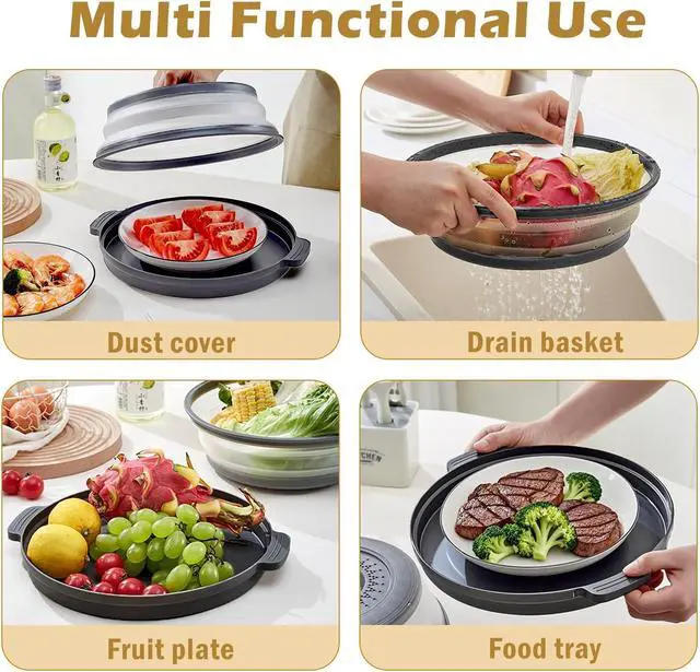 Alt view image 3 of 7 - Microwave Splatter Cover with Anti-Scald Tray, 10.7" Collapsible - Black