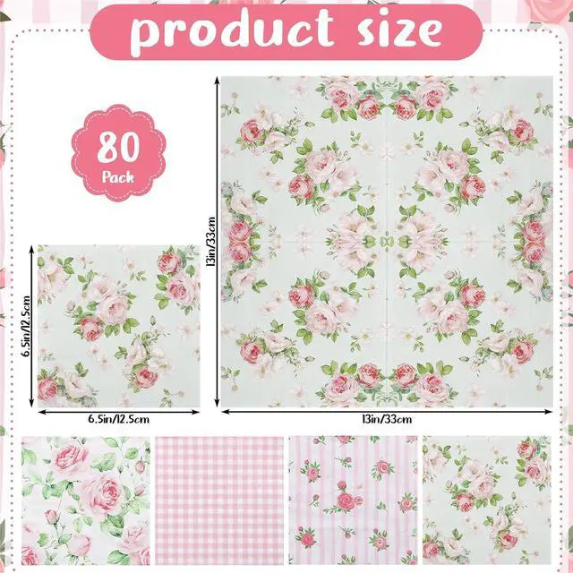Alt view image 2 of 7 - 80 Pcs Pink Floral Napkins, 6.5 In Vintage Flower Napkins 2 Ply