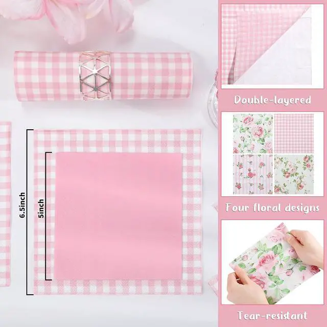 Alt view image 3 of 7 - 80 Pcs Pink Floral Napkins, 6.5 In Vintage Flower Napkins 2 Ply