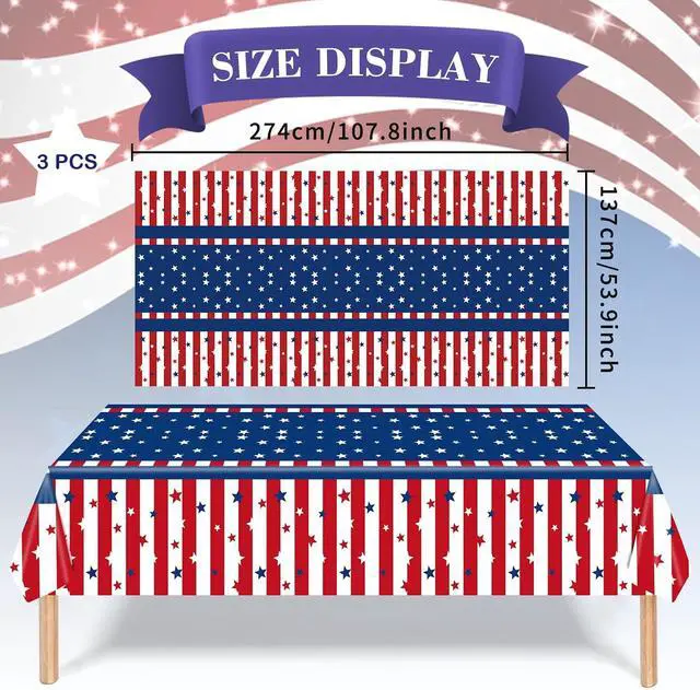 Alt view image 2 of 7 - Pedenty 3-Piece 54 x 108 Inch 4th of July Plastic Tablecloths, Patriotic Disposable Table Covers with American Flag Stars and Stripes Design for Independence Day BBQ Picnic Party Decorations