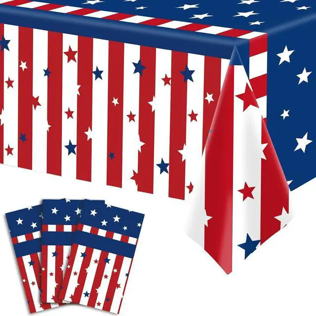 Main image of Pedenty 3-Piece 54 x 108 Inch 4th of July Plastic Tablecloths, Patriotic Disposable Table Covers with American Flag Stars and Stripes Design for Independence Day BBQ Picnic Party Decorations