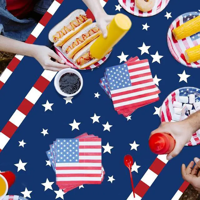 Alt view image 5 of 7 - Pedenty 3-Piece 54 x 108 Inch 4th of July Plastic Tablecloths, Patriotic Disposable Table Covers with American Flag Stars and Stripes Design for Independence Day BBQ Picnic Party Decorations
