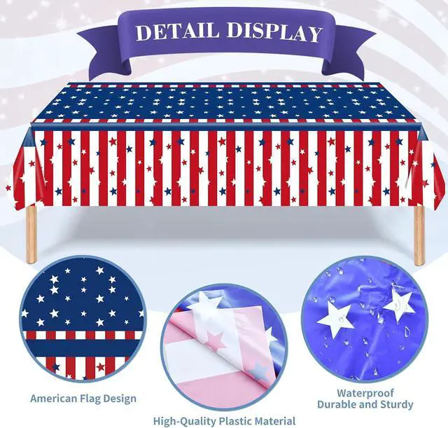 Alt view image 3 of 7 - Pedenty 3-Piece 54 x 108 Inch 4th of July Plastic Tablecloths, Patriotic Disposable Table Covers with American Flag Stars and Stripes Design for Independence Day BBQ Picnic Party Decorations