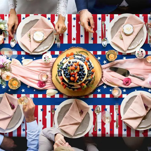 Alt view image 4 of 7 - Pedenty 3-Piece 54 x 108 Inch 4th of July Plastic Tablecloths, Patriotic Disposable Table Covers with American Flag Stars and Stripes Design for Independence Day BBQ Picnic Party Decorations