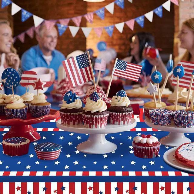 Alt view image 6 of 7 - Pedenty 3-Piece 54 x 108 Inch 4th of July Plastic Tablecloths, Patriotic Disposable Table Covers with American Flag Stars and Stripes Design for Independence Day BBQ Picnic Party Decorations