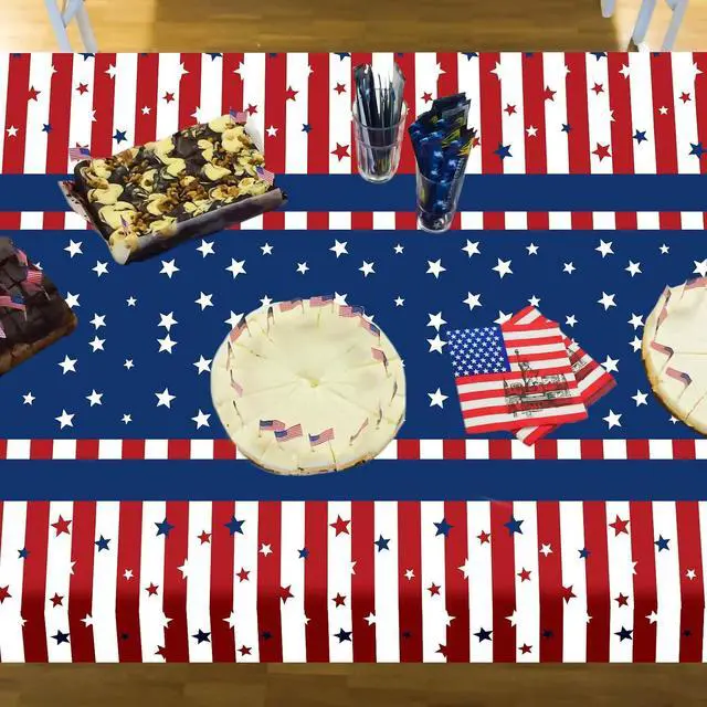 Alt view image 7 of 7 - Pedenty 3-Piece 54 x 108 Inch 4th of July Plastic Tablecloths, Patriotic Disposable Table Covers with American Flag Stars and Stripes Design for Independence Day BBQ Picnic Party Decorations