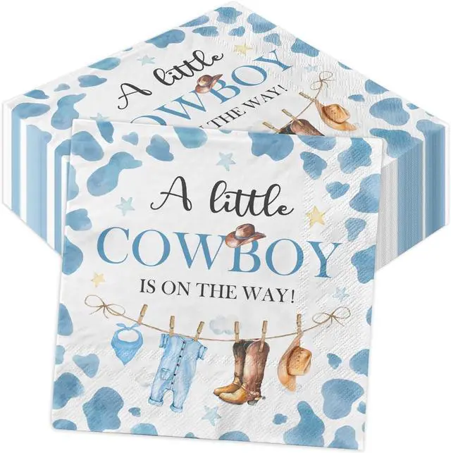 Main image of Cowboy Baby Shower Decorations-40pcs Little Cowboy Baby Shower Napkins, Blue Disposable Little Cowboy is on the Way Paper Napkins for Boys Cowboy Baby Shower Birthday Party Decorations