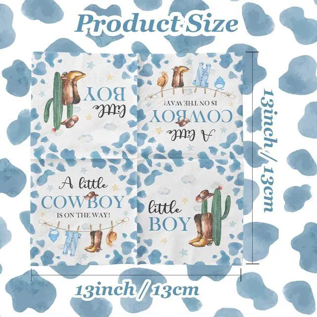 Alt view image 3 of 6 - Cowboy Baby Shower Decorations-40pcs Little Cowboy Baby Shower Napkins, Blue Disposable Little Cowboy is on the Way Paper Napkins for Boys Cowboy Baby Shower Birthday Party Decorations