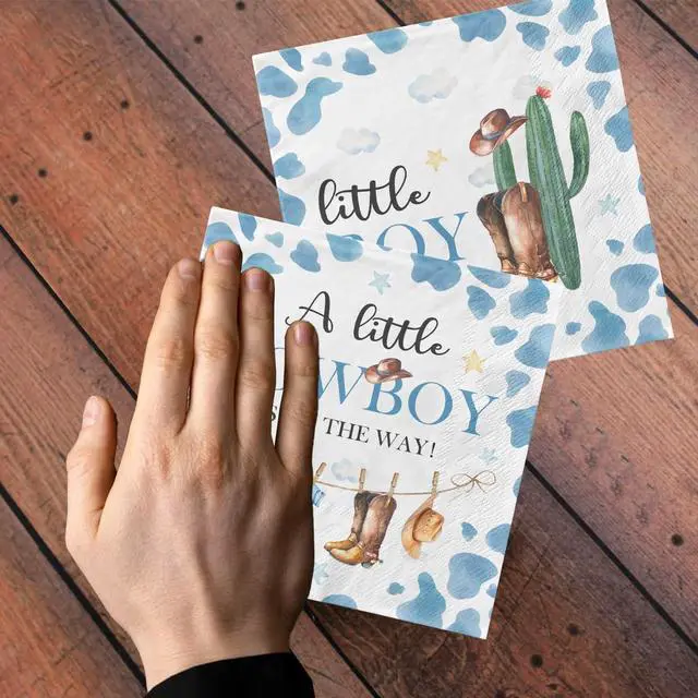 Alt view image 5 of 6 - Cowboy Baby Shower Decorations-40pcs Little Cowboy Baby Shower Napkins, Blue Disposable Little Cowboy is on the Way Paper Napkins for Boys Cowboy Baby Shower Birthday Party Decorations