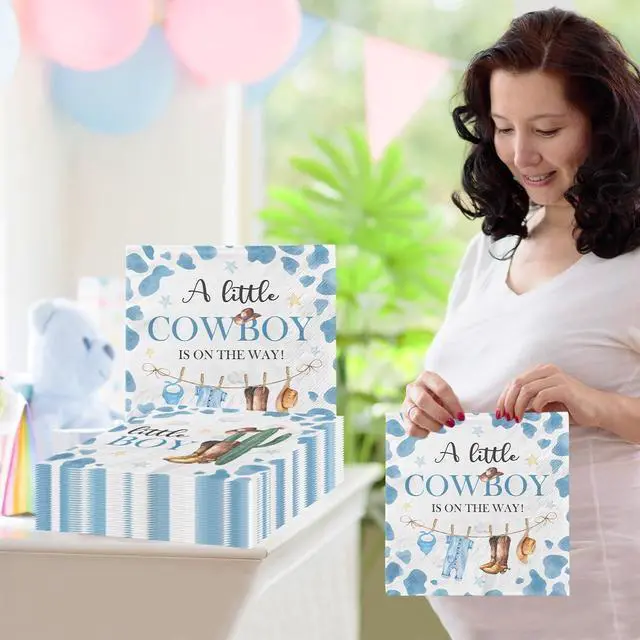 Alt view image 6 of 6 - Cowboy Baby Shower Decorations-40pcs Little Cowboy Baby Shower Napkins, Blue Disposable Little Cowboy is on the Way Paper Napkins for Boys Cowboy Baby Shower Birthday Party Decorations
