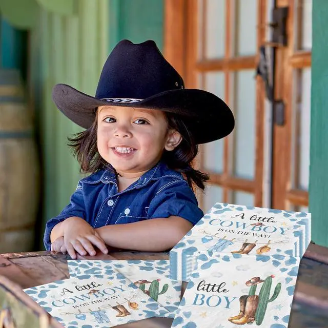 Alt view image 2 of 6 - Cowboy Baby Shower Decorations-40pcs Little Cowboy Baby Shower Napkins, Blue Disposable Little Cowboy is on the Way Paper Napkins for Boys Cowboy Baby Shower Birthday Party Decorations