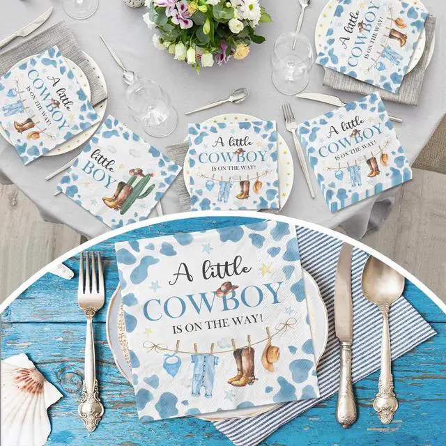 Alt view image 4 of 6 - Cowboy Baby Shower Decorations-40pcs Little Cowboy Baby Shower Napkins, Blue Disposable Little Cowboy is on the Way Paper Napkins for Boys Cowboy Baby Shower Birthday Party Decorations
