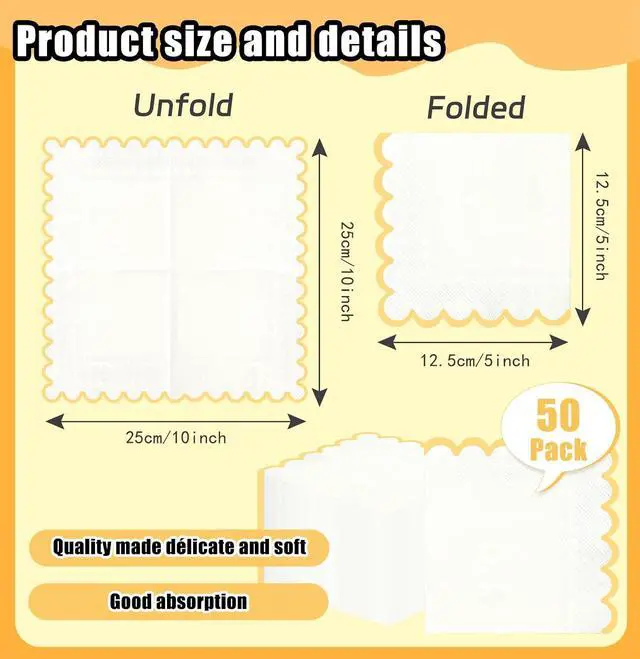 Alt view image 3 of 7 - SietDESEO 50 Pieces Yellow Scalloped Napkins Disposable 3-Ply Yellow and White Scalloped Cocktail Napkins Paper Napkin for Dinner Wedding Birthday Party Beverage Napkin