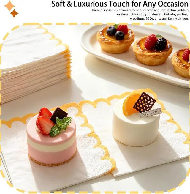 Alt view image 4 of 7 - SietDESEO 50 Pieces Yellow Scalloped Napkins Disposable 3-Ply Yellow and White Scalloped Cocktail Napkins Paper Napkin for Dinner Wedding Birthday Party Beverage Napkin