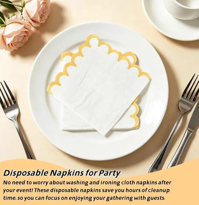 Alt view image 2 of 7 - SietDESEO 50 Pieces Yellow Scalloped Napkins Disposable 3-Ply Yellow and White Scalloped Cocktail Napkins Paper Napkin for Dinner Wedding Birthday Party Beverage Napkin