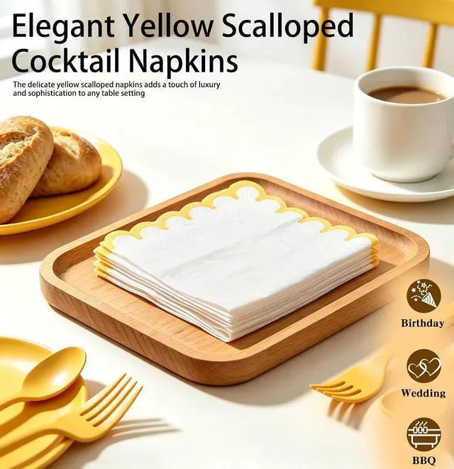 Alt view image 5 of 7 - SietDESEO 50 Pieces Yellow Scalloped Napkins Disposable 3-Ply Yellow and White Scalloped Cocktail Napkins Paper Napkin for Dinner Wedding Birthday Party Beverage Napkin