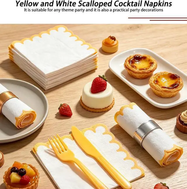 Alt view image 6 of 7 - SietDESEO 50 Pieces Yellow Scalloped Napkins Disposable 3-Ply Yellow and White Scalloped Cocktail Napkins Paper Napkin for Dinner Wedding Birthday Party Beverage Napkin
