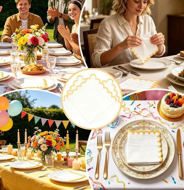 Alt view image 7 of 7 - SietDESEO 50 Pieces Yellow Scalloped Napkins Disposable 3-Ply Yellow and White Scalloped Cocktail Napkins Paper Napkin for Dinner Wedding Birthday Party Beverage Napkin