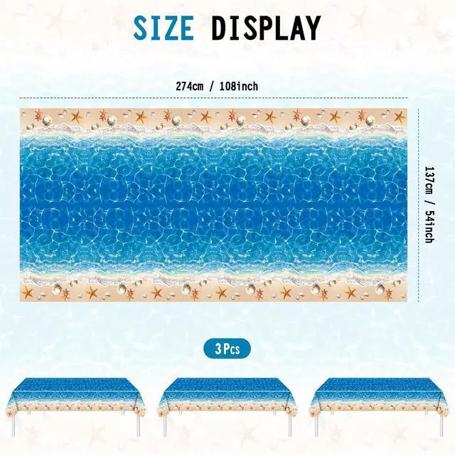 Alt view image 2 of 7 - 3-Piece 54 x 108 Inch Summer Beach Plastic Tablecloth Ocean Waves Starfish Seashell Disposable Rectangle Table Covers for Pool Party, Hawaiian Party Decorations and Summer Celebrations