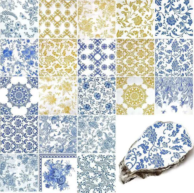Main image of 21 Pack Assorted Floral Napkins Decoupage Decorative, Decoupage Napkins Cocktail Decorative Paper for Birthday Party Beautiful Gorgeous, 21 styles of decorative paper (Blue and Gold Floral)