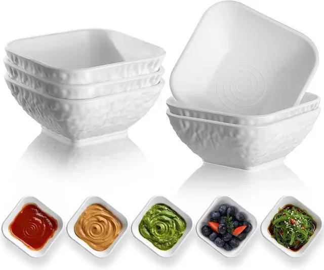 Main image of Kyraton Dip Bowls Set 6pcs 6oz, White Plastic Dipping Bowls Soy Sauce Plate for Side Dishes, Condiment Server for Tomato Sauce, Ketchup, Vinegar, BBQ and Party Dinner, Mini Appetizer Plates.