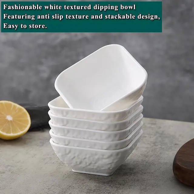 Alt view image 5 of 7 - Kyraton Dip Bowls Set 6pcs 6oz, White Plastic Dipping Bowls Soy Sauce Plate for Side Dishes, Condiment Server for Tomato Sauce, Ketchup, Vinegar, BBQ and Party Dinner, Mini Appetizer Plates.