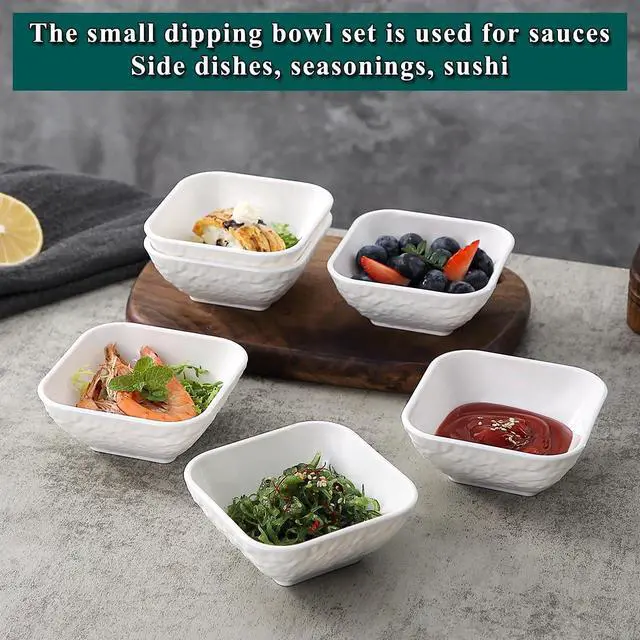 Alt view image 3 of 7 - Kyraton Dip Bowls Set 6pcs 6oz, White Plastic Dipping Bowls Soy Sauce Plate for Side Dishes, Condiment Server for Tomato Sauce, Ketchup, Vinegar, BBQ and Party Dinner, Mini Appetizer Plates.