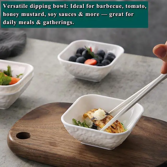 Alt view image 7 of 7 - Kyraton Dip Bowls Set 6pcs 6oz, White Plastic Dipping Bowls Soy Sauce Plate for Side Dishes, Condiment Server for Tomato Sauce, Ketchup, Vinegar, BBQ and Party Dinner, Mini Appetizer Plates.