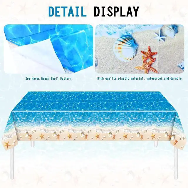 Alt view image 3 of 7 - 3-Piece 54 x 108 Inch Summer Beach Plastic Tablecloth Ocean Waves Starfish Seashell Disposable Rectangle Table Covers for Pool Party, Hawaiian Party Decorations and Summer Celebrations
