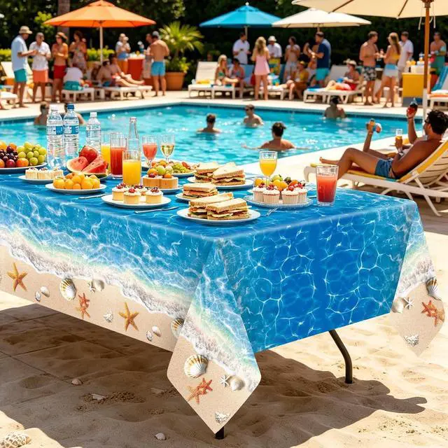 Alt view image 4 of 7 - 3-Piece 54 x 108 Inch Summer Beach Plastic Tablecloth Ocean Waves Starfish Seashell Disposable Rectangle Table Covers for Pool Party, Hawaiian Party Decorations and Summer Celebrations