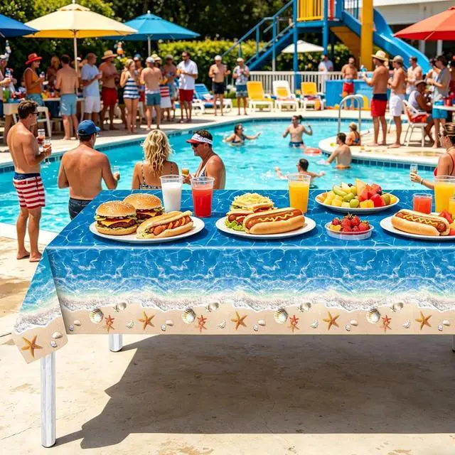 Alt view image 5 of 7 - 3-Piece 54 x 108 Inch Summer Beach Plastic Tablecloth Ocean Waves Starfish Seashell Disposable Rectangle Table Covers for Pool Party, Hawaiian Party Decorations and Summer Celebrations