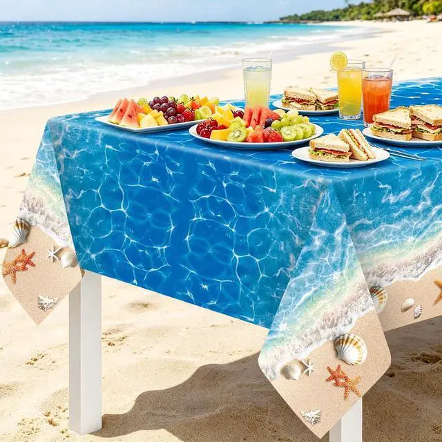 Alt view image 6 of 7 - 3-Piece 54 x 108 Inch Summer Beach Plastic Tablecloth Ocean Waves Starfish Seashell Disposable Rectangle Table Covers for Pool Party, Hawaiian Party Decorations and Summer Celebrations