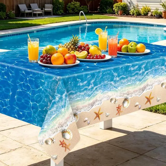 Alt view image 7 of 7 - 3-Piece 54 x 108 Inch Summer Beach Plastic Tablecloth Ocean Waves Starfish Seashell Disposable Rectangle Table Covers for Pool Party, Hawaiian Party Decorations and Summer Celebrations