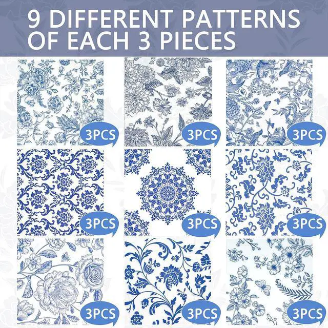 Alt view image 4 of 7 - Decorative Decoupage Napkins Assorted Floral 27 Pack 9 Styles for DIY Crafting Birthday Party Decoupage Napkins Cocktail Paper Each Unfolded 13 Inch (Blue Floral)