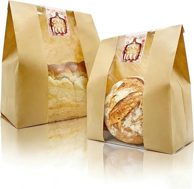 Main image of 16"X10"X5" Extra Large Paper Bread Bags for Homemade Bread with Window & Sticker for xl Sourdough Bread, Very Wide Bread Loaf, Baked Goods, Packaging for Gifting - Brown Kraft 25Pcs