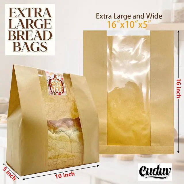 Alt view image 3 of 7 - 16"X10"X5" Extra Large Paper Bread Bags for Homemade Bread with Window & Sticker for xl Sourdough Bread, Very Wide Bread Loaf, Baked Goods, Packaging for Gifting - Brown Kraft 25Pcs