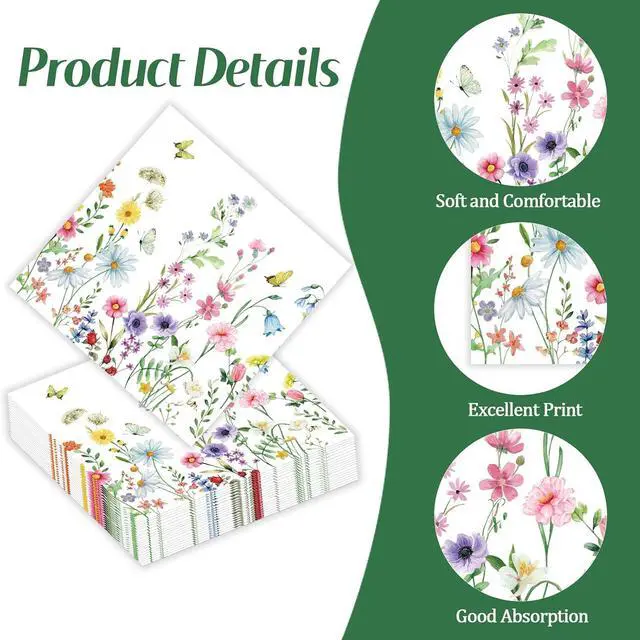 Alt view image 3 of 7 - 50 Pcs Wildflower Napkins 13 X 13 Inches, Floral Paper Napkins Disposable Flower Cocktail Napkins For Spring Summer Picnic Wedding Baby Shower Birthday Tea Party Decorations